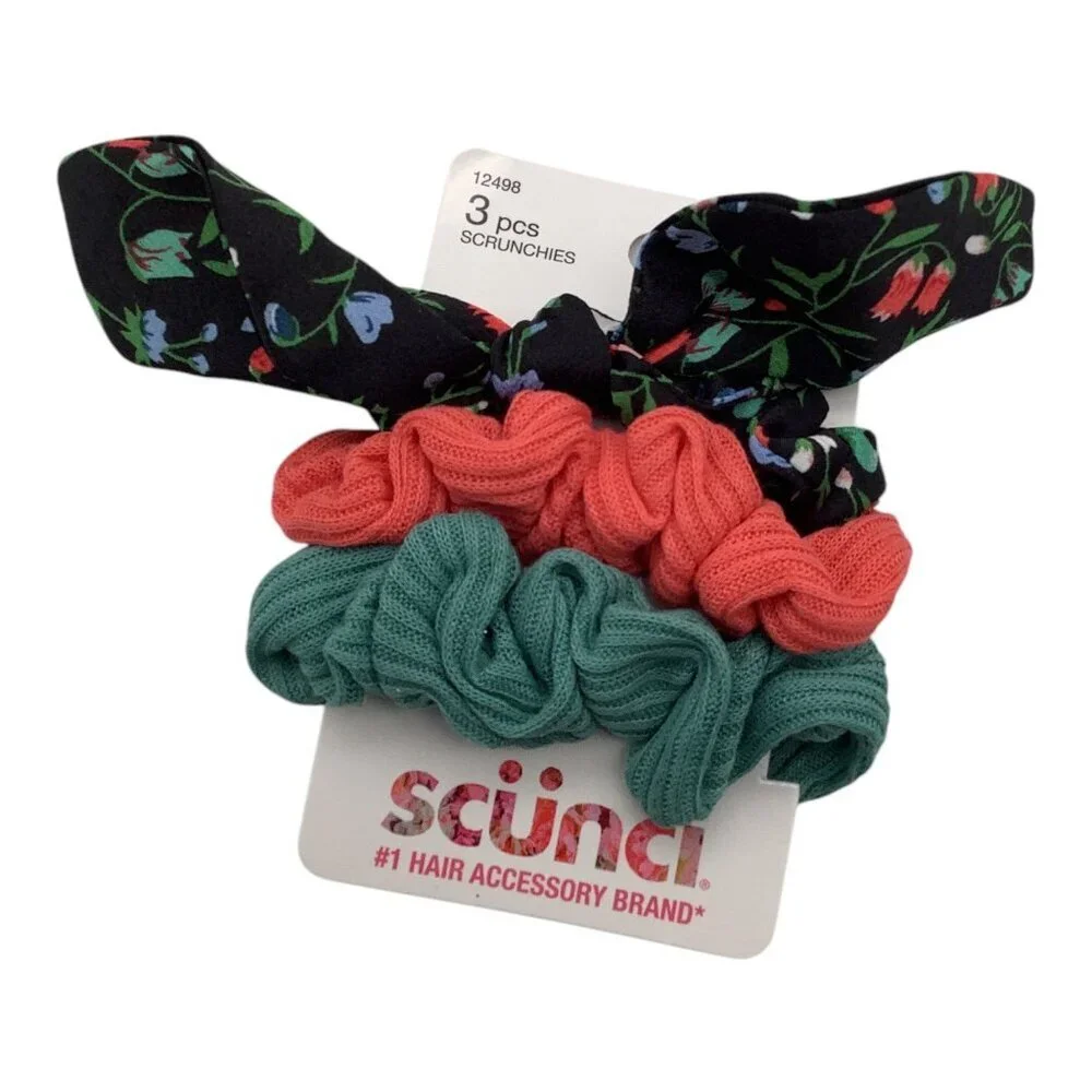 Scünci 3 Pcs‎ U Got This Hair Scrunchies W/ Floral Bow Coral & Teal Colors 12498